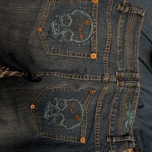 RARE Vintage Y2K Mecca Femme Rhinestone Skull Bootcut Jeans Sz 9/10 Low Rise